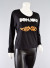 Long Sleeves Scoop Neck Banded Raglan Top with Animal Print Patch and “BONJOUR” Foil Text Print Accent 7778 BLACK