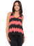 Sleeveless, round-shirred neckline, racer back, partially hi-low chevron print top. BT-1486-BLACK/CORAL