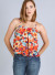 Spaghetti straps , shirred front,  floral print chiffon swing crop top. FTW005845-M19718-ORANGE-FLORAL