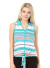 Sleeveless Point Collar Tie-Front Stripe Top with Tab Shoulders, Buttons Front Detail, and Solid Lace Back Contrast WH-2099-GREEN/CREAM