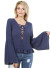 Plunging V-neck tie front  bell sleeve top with ruffle hem.WH-BWHG8915-INDIGO
