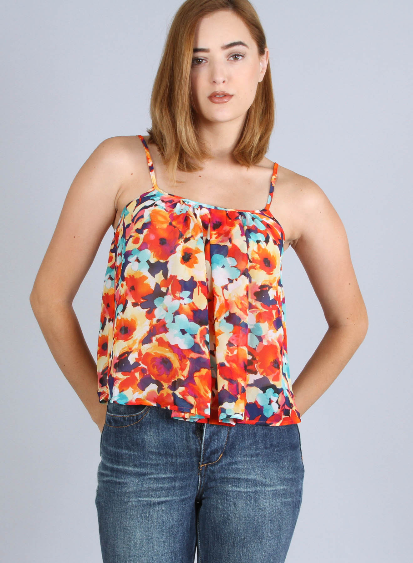 Spaghetti straps , shirred front, floral print chiffon swing crop top ...