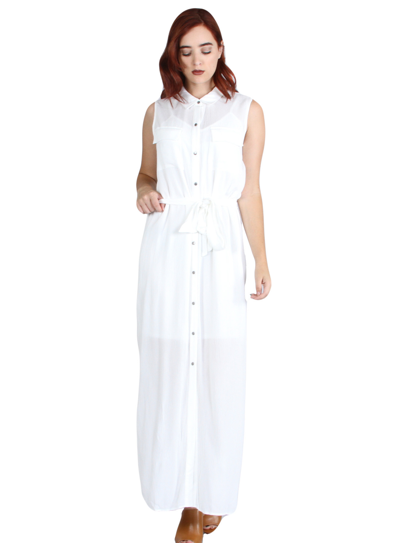 White sleeveless button down dress deals