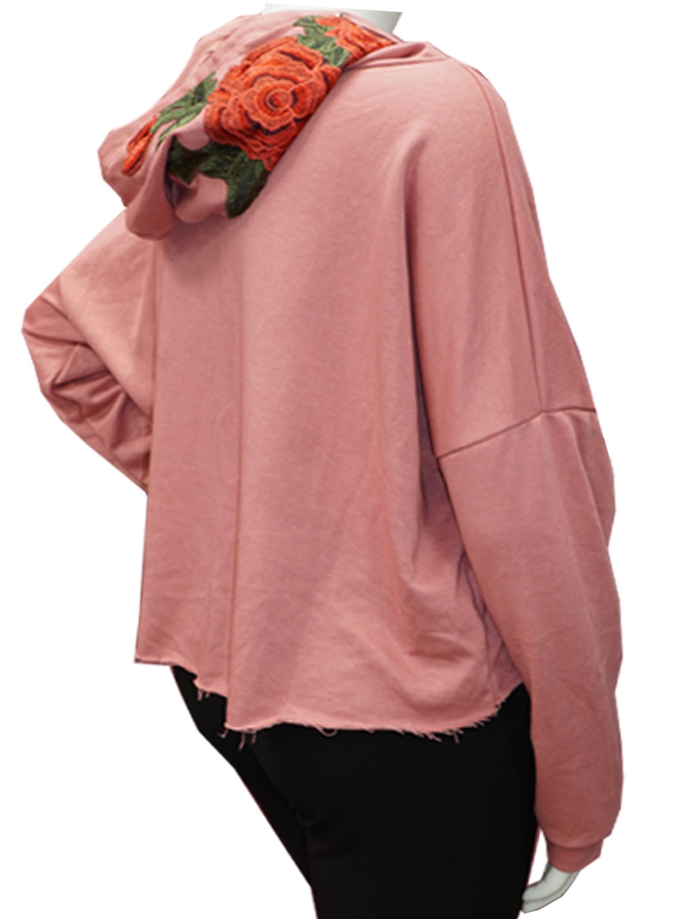 embroidered rose applique sleeve hoodie